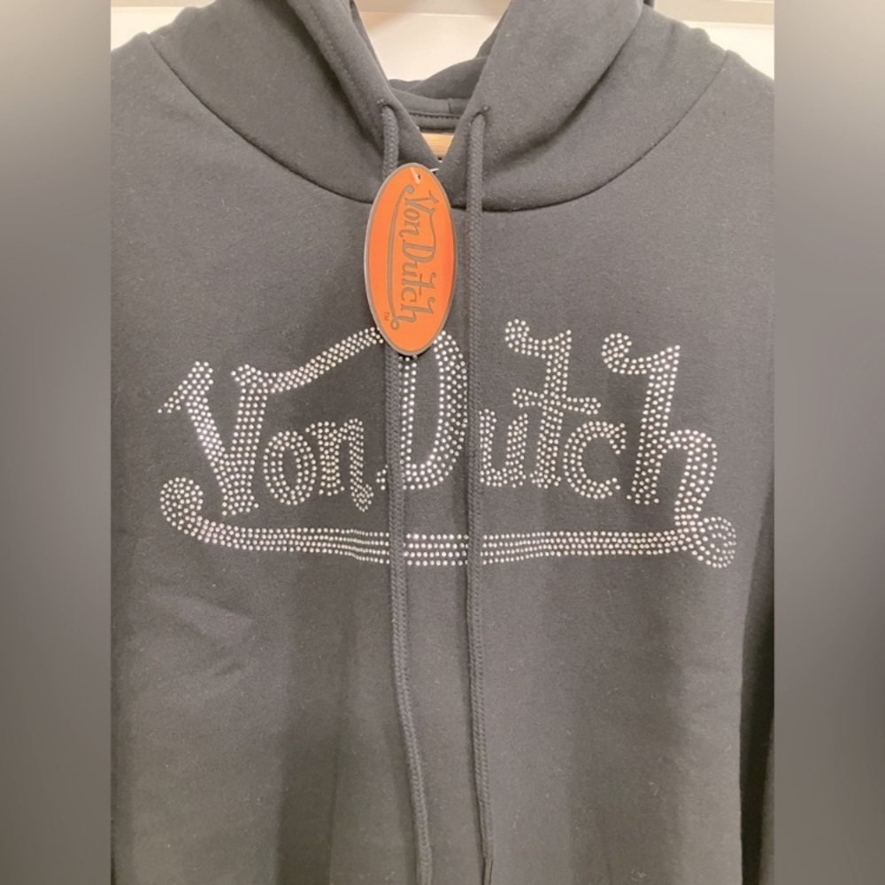 Von Dutch Rhinestone Cropped Hoodie | Black | NWT | Oversized | Y2K | Size XL - Picture 7 of 8